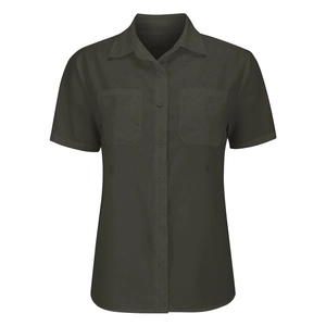 Close-up of olive green short sleeve shirt with classic collar and double chest pockets