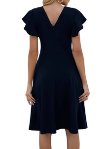 Dark blue short sleeve dress with ruffle sleeves, V-back design and hidden back zipper