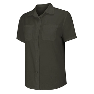 Detail of olive green short sleeve shirt featuring chest pockets and lapel collar