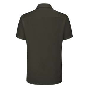 Back view of a slim-fit bamboo hemp short-sleeve shirt for women in olive green