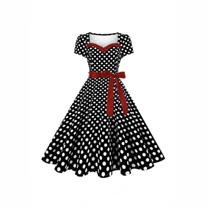 Vintage 1950s Audrey Hepburn style polka dot dress with short sleeves and red satin belt