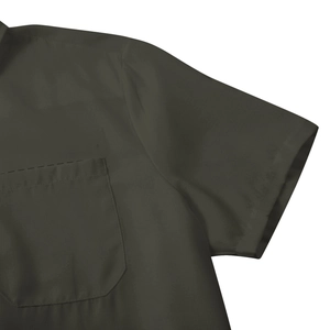 Detail of olive green short sleeve blouse showing chest pocket and stitching