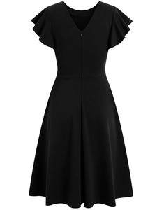 Detail view of a black V-neck midi dress featuring layered ruffle sleeves and back zipper