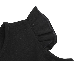 Detailed view of layered black ruffles and delicate stitching on girls' mesh dress