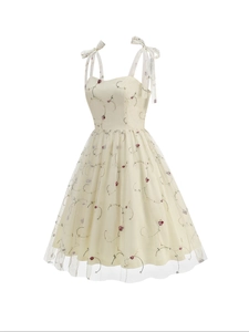 Damen Französischer Retro-Stil Kleid Mit Blumenstickerei Und Netzstoff Schleife Schultergurte Elegantes A-Linien Sommerkleid
