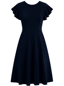 Dark blue short sleeve dress with round neck and ruffle sleeves in an A-line silhouette