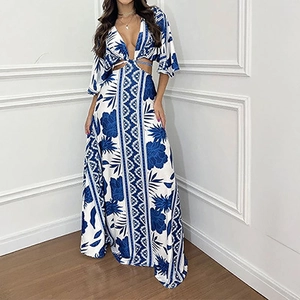 Women Bohemian Printed Maxi Dress Sexy V-Neck Cutout Waist Tie-Up Batwing Sleeve Elegant Vacation Long Dress Polyester