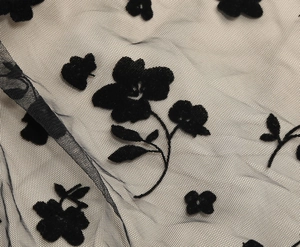 Macro view of black mesh fabric featuring elegant velvet floral motifs and texture