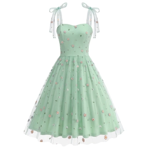Close-up of mint green floral embroidery mesh with daisy patterns on sundress