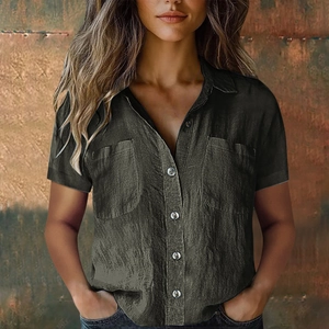 Women's dark grey short sleeve button-down shirt with bamboo linen texture and dual pockets