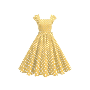 Robe à Pois Vintage Hepburn Col Carré Sans Manches Coupe A Swing Robe Midi Avec Ceinture à Nœud pour Femmes Fête Été Mode