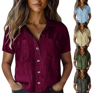 Short sleeve V-neck button down linen blouse for women with chest pockets in five colors