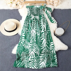 Robe bustier trapèze à imprimé palmier vert avec nœud latéral pour l'été
