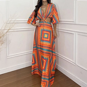 Bohemian floral print maxi dress with batwing sleeves and waist tie detail