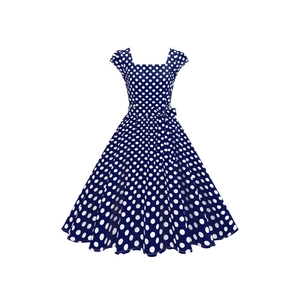Robe trapèze vintage bleu marine à pois avec décolleté carré et ceinture à la taille