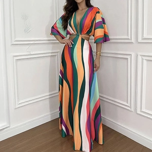Women's deep V-neck striped maxi dress with waist cut-outs and batwing sleeves