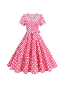 Abito Midi a Trapezio Vintage Scollo a V a Pois Stile Audrey Hepburn Manica Corta Vita Alta Con Cintura a Fiocco Vestito Festa Donna