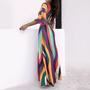 Detailed back view of a colorful wave print two-piece maxi dress with lace-up tie closure