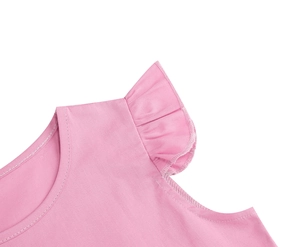 Close-up of pink girls' dress showing ruffled cap sleeve detail and twill fabric texture