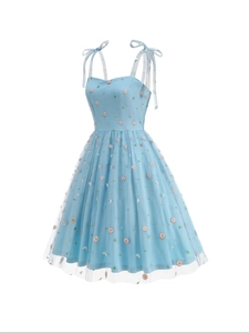 Women French Style Floral Embroidery Mesh Dress Sweet Daisy Suspender A-Line Dress With Bow Tie Shoulder Straps