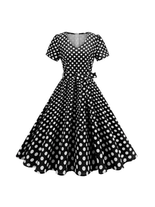 Abito midi vintage a pois stile Audrey Hepburn con scollo a V e cintura con silhouette a A