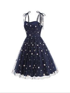Navy blue mesh A-line dress with daisy embroidery and tie-shoulder ribbon straps