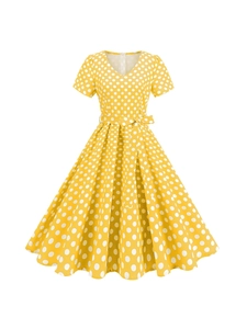 Abito retrò giallo a pois con scollo a V e cintura in vita in stile vintage Hepburn
