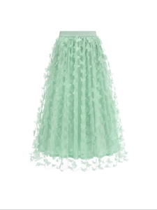 Gonna midi linea A in tulle verde menta con farfalle 3D e vita elastica