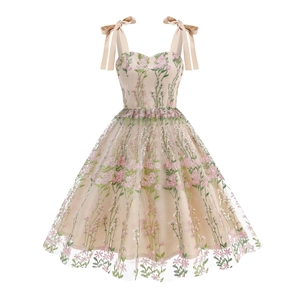 Vintage Floral Embroidery Mesh Midi Dress Women Bow Straps A-Line Sweetheart Neck Hepburn Style Party Prom Elegant Vestido