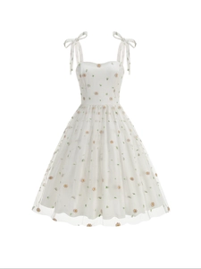 French style white mesh A-line dress featuring delicate daisy embroidery and bow straps