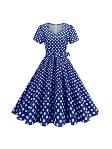Abito vintage a trapezio blu reale a pois con scollo a V maniche corte e cintura in vita