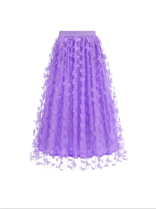 Gonna lunga a trapezio in rete viola con eleganti applicazioni di farfalle 3D ed elastico