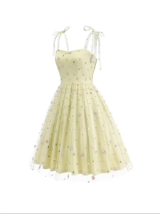 Floral embroidered tulle midi dress with daisy patterns and bow-tie shoulder straps