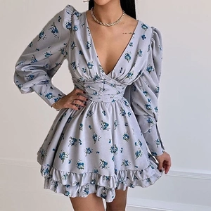 Abito Mini da Donna Elegante Scollo a V Floreale Schiena Scoperta Maniche a Sbuffo Lunghe Linea ad A Orlo con Volant Vita Alta