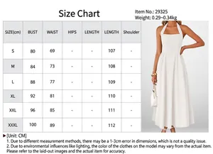 Detailed size guide table for backless halter maxi dress showing measurements in cm