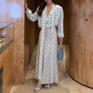Vintage Polka Dot V-Neck Puff Sleeve Maxi Dress Slim Fit Satin Texture Elegant High Waist Evening Party Dress For Women