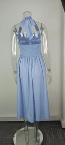 Back view of elegant light blue halter neck backless maxi dress with bow tie detail