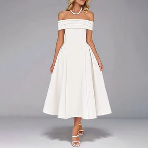 Elegantes Schulterfreies A-Linien Maxikleid Einfarbig Hohe Taille Schwungvolles Kleid Für Damen Party Abend Sommer Frühling