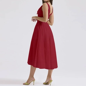 Elegant deep red V-neck backless midi dress with cinched waist and sleeveless design