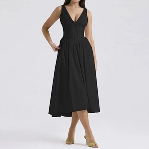 Detail of elegant black deep V-neck sleeveless midi dress with corset-style waist design