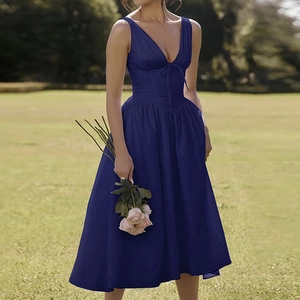 Elegant navy blue V-neck sleeveless floral midi dress with a waist tie and A-line skirt