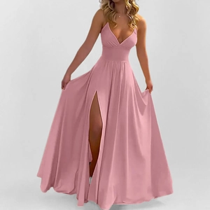 Women Elegant Spaghetti Strap V Neck High Slit Maxi Dress Sexy Solid Color High Waist Long Evening Party Vacation Dress