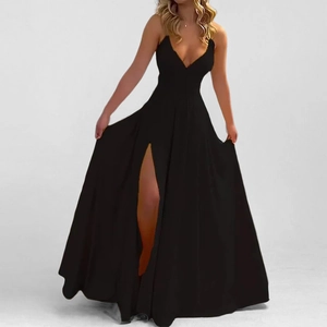 Elegant black deep V-neck sleeveless maxi dress with a high side slit and A-line silhouette