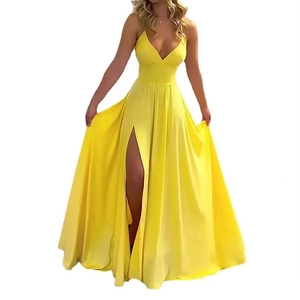 Elegant yellow V-neck spaghetti strap maxi dress with high waist and side slit detail