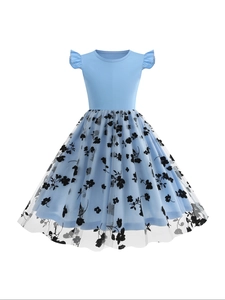 Girls Floral Butterfly Embroidery Mesh Dress Elegant Ruffle Sleeve Round Neck Patchwork A-Line Princess Party Dress For Kids
