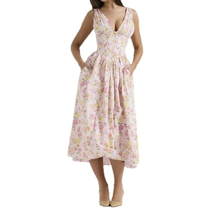 Elegantes ärmelloses Maxikleid mit V-Ausschnitt, Blumendruck, hoher Taille und A-Linien-Rock
