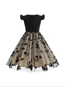 Elegant girls short sleeve mesh dress featuring black floral embroidery and tiered A-line skirt