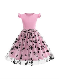 Pink short sleeve girl dress with ruffle sleeves and black floral mesh overlay skirt