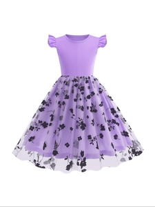 Short sleeve lavender girls dress with floral tulle skirt and round neck design