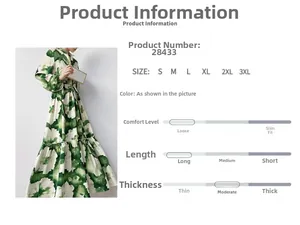 Size chart for green floral long sleeve dress with loose fit and waist tie